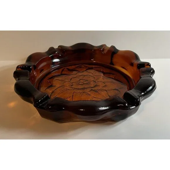 Vintage Amber Ashtray Paint Brush Trinket Coin Dish Indiana Glass MCM Heavy - Picture 6 of 11